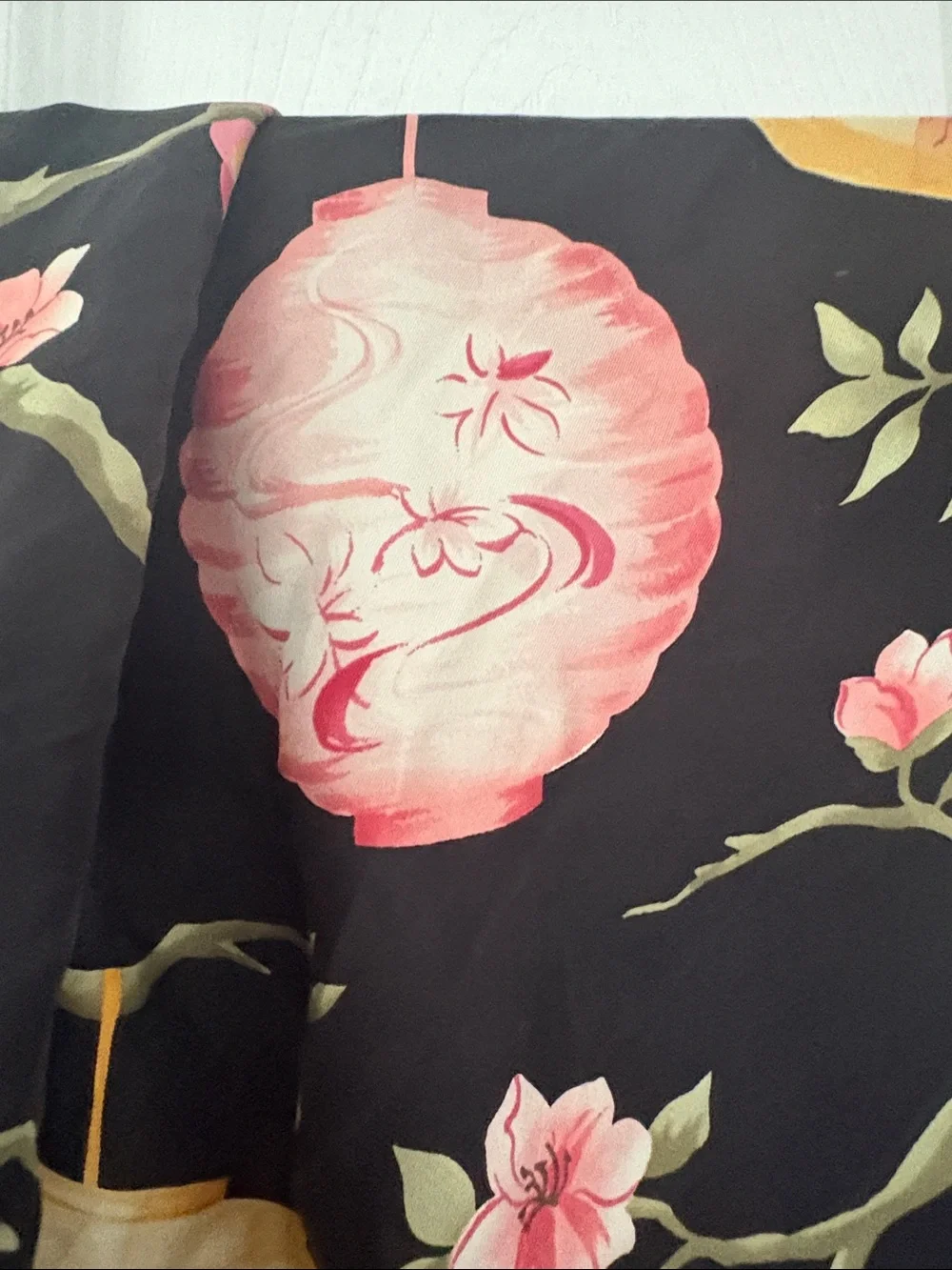 Talbots Black Floral Lantern Print Silk Scarf with Pink and Green Accents